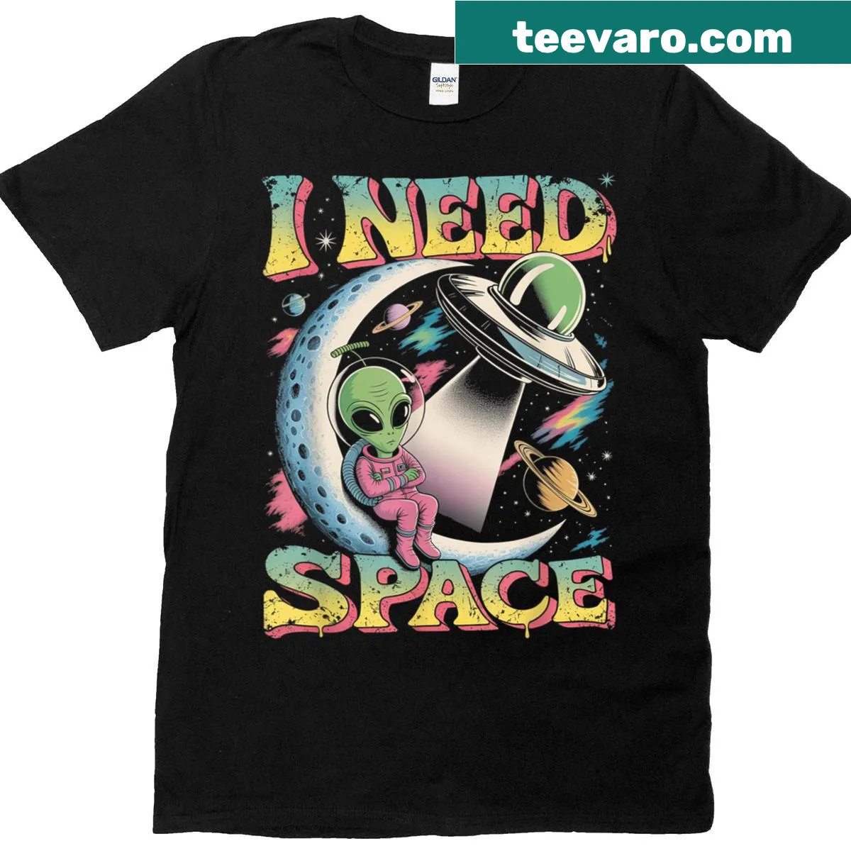Playful t-shirt with the phrase 'I Need Space' and an alien theme. — on a men's t-shirt