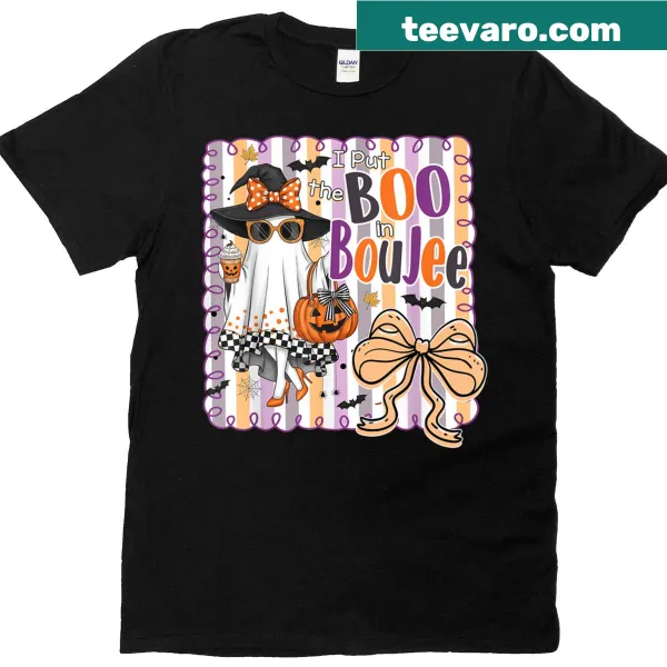 Funny Halloween t-shirt with ghost and 'I Put The Boo In Boujee' text.