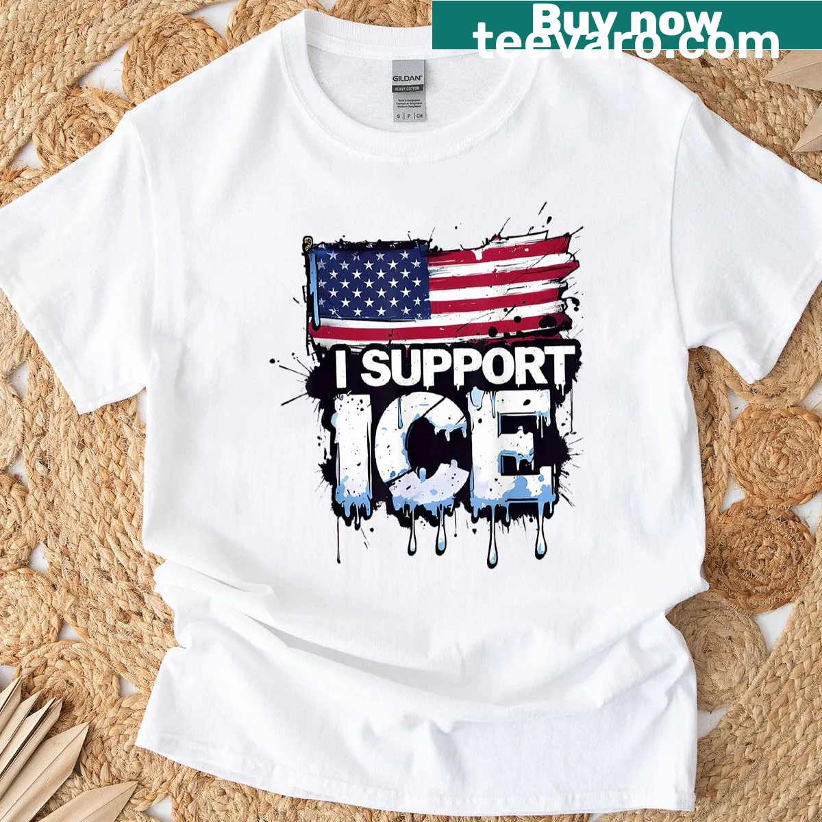 Vintage T-shirt with 'I Support Ice Immigration Officers' and American flag graphic — on a men's t-shirt