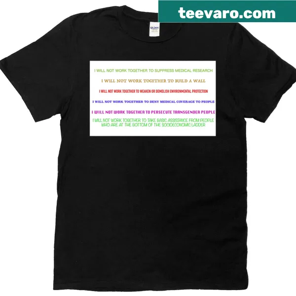 Text tee humorously stating reluctance to work together