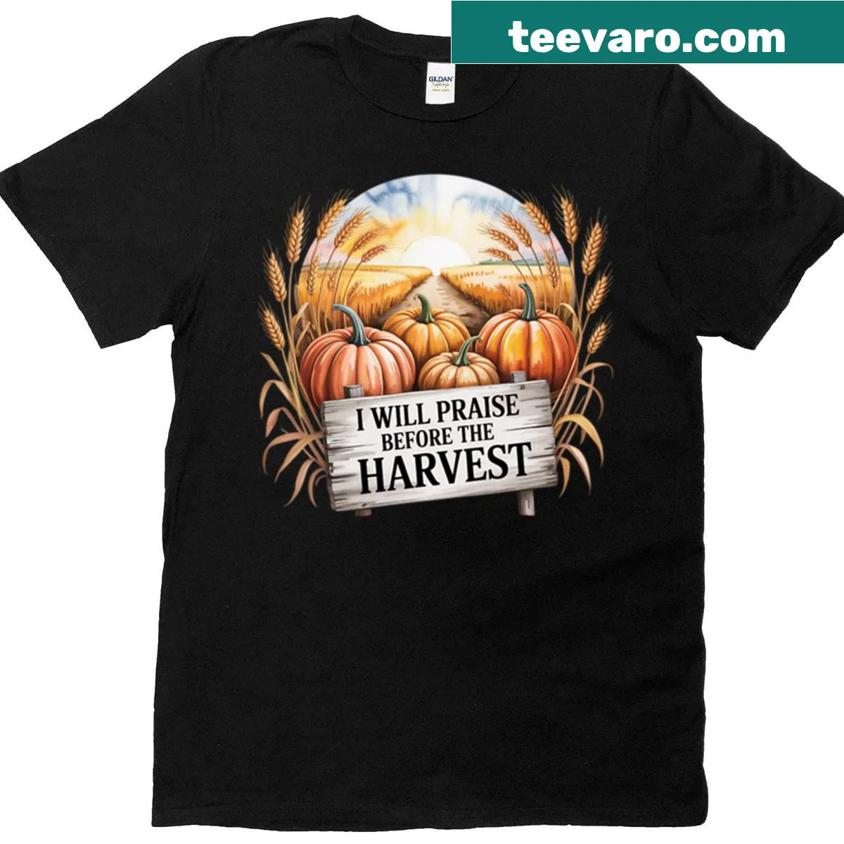 Inspirational T-shirt with the phrase about praising before the harvest. — on a men's t-shirt