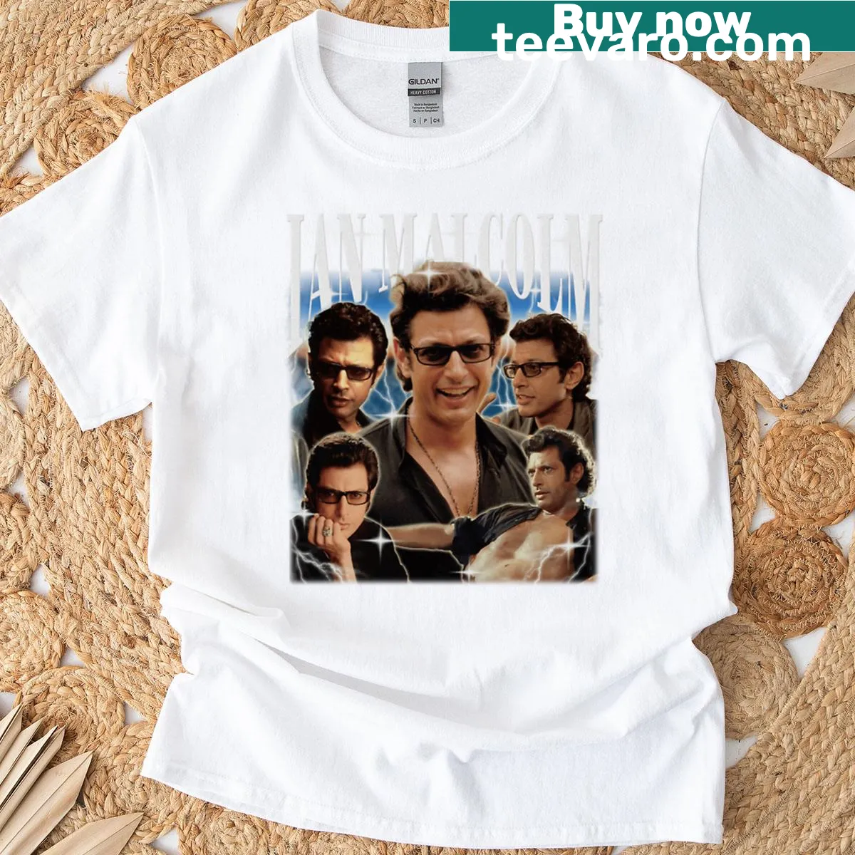 Retro collage design featuring Ian Malcolm from the franchise — on a men's t-shirt