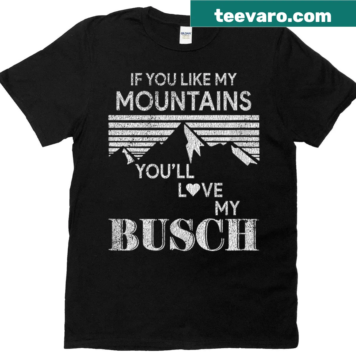 Hiking and camping themed t-shirt featuring mountains and Busch beer — on a men's t-shirt