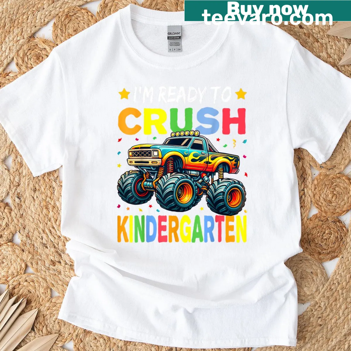 Cartoon monster truck design for boys ready for kindergarten — on a men's t-shirt