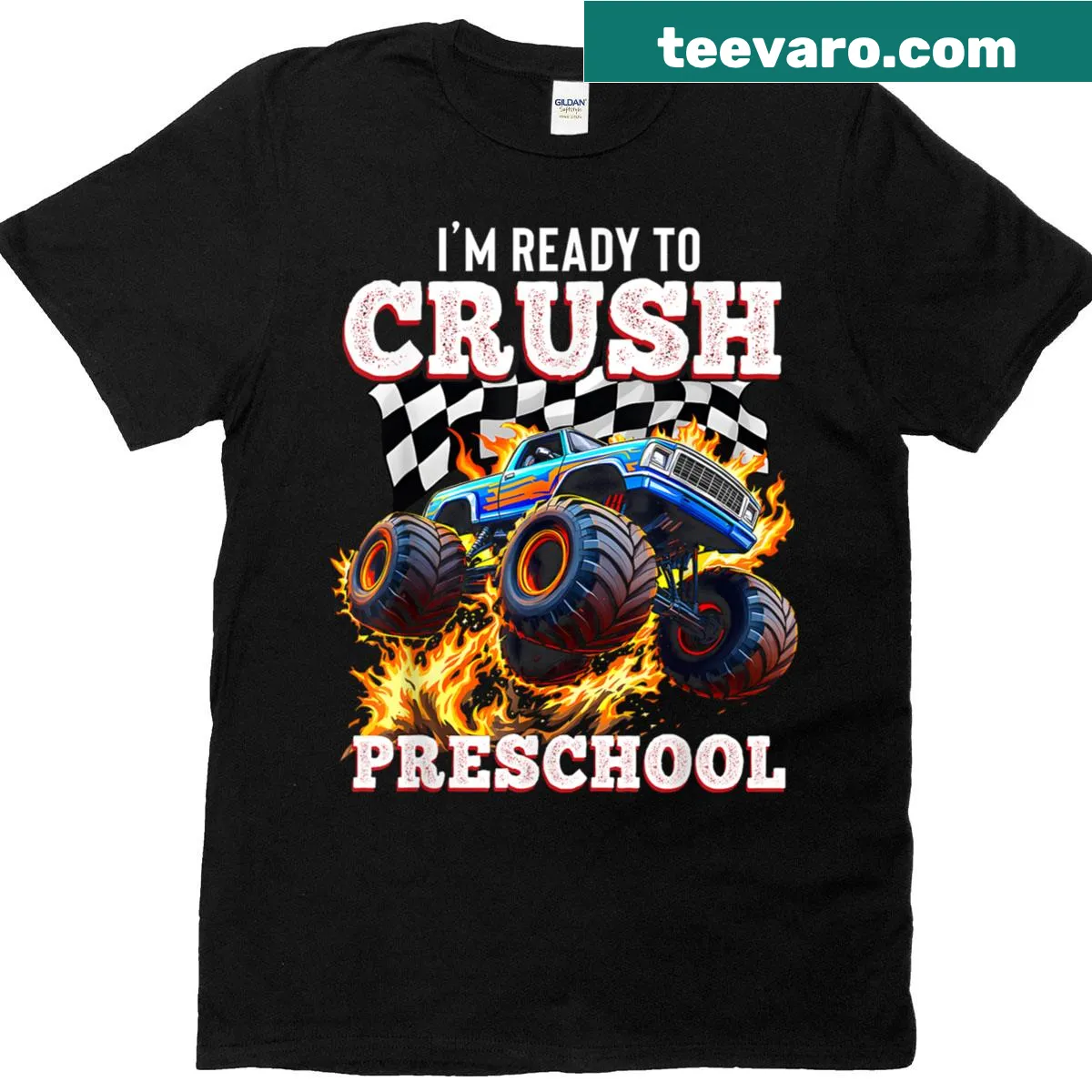 T-shirt featuring a monster truck graphic for kids starting preschool. — on a men's t-shirt