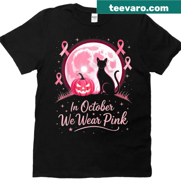 Breast cancer awareness t-shirt featuring a pink cat ribbon design