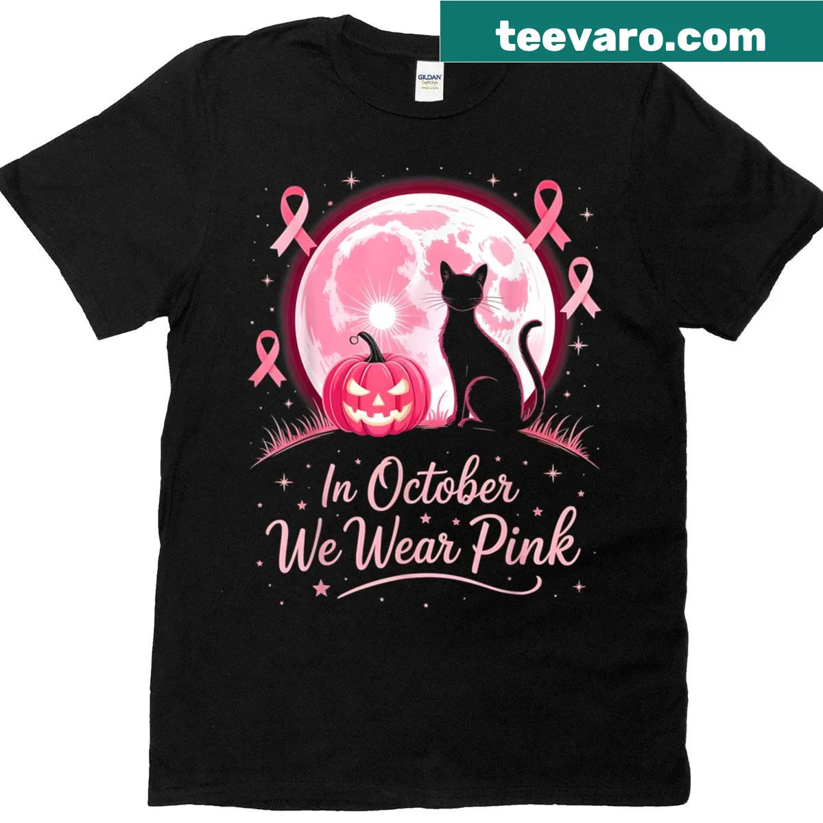Breast cancer awareness t-shirt featuring a pink cat ribbon design — on a men's t-shirt
