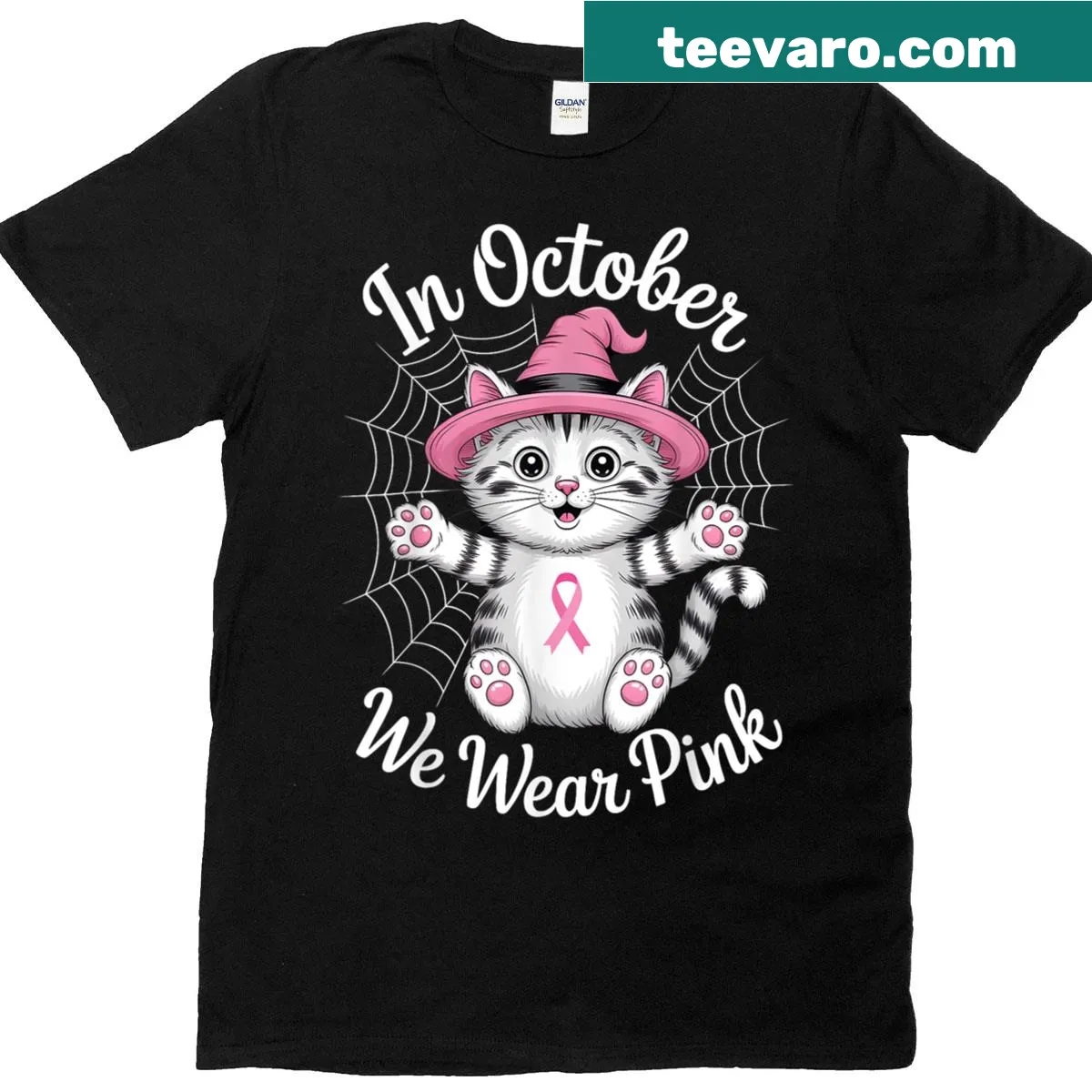 Cute cat design for breast cancer awareness, featuring the phrase 'In October We Wear Pink' — on a men's t-shirt