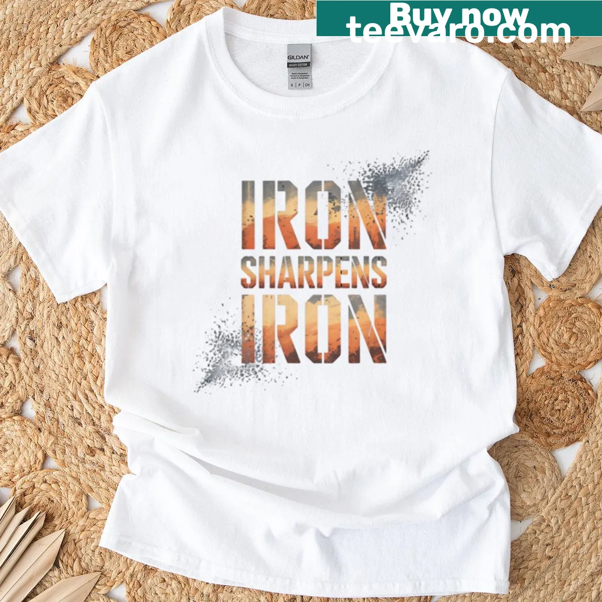 Motivational typography T-shirt with 'Iron Sharpens Iron' text — on a men's t-shirt