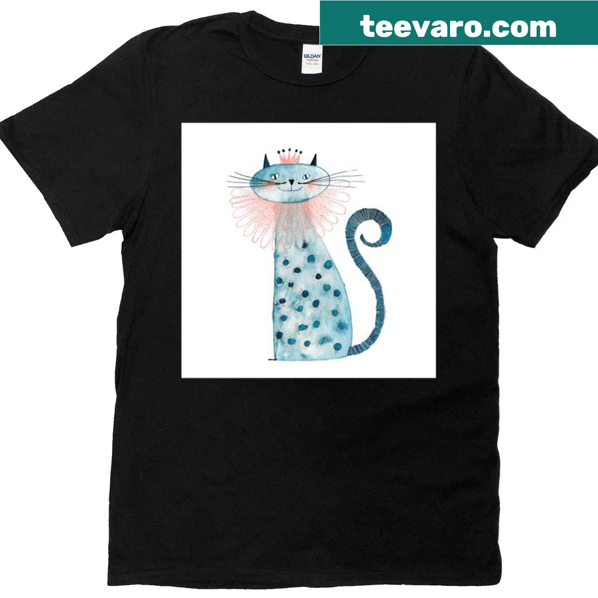 Cartoon blue cat with pink crown graphic on a festive t-shirt — on a men's t-shirt