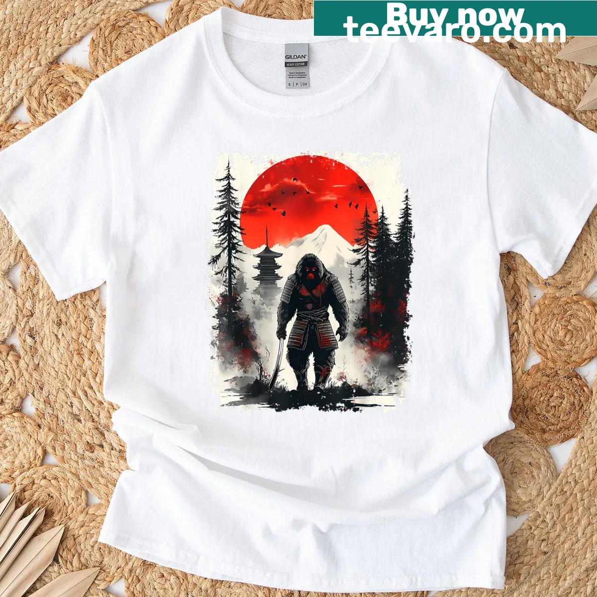 Illustration of a Japanese Bigfoot samurai with a katana — on a men's t-shirt
