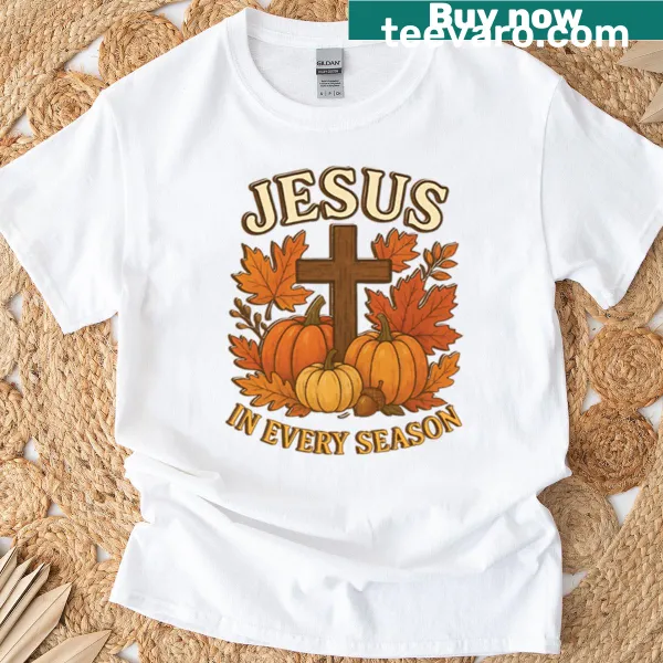Christian t-shirt featuring the word 'Jesus' with an autumn theme