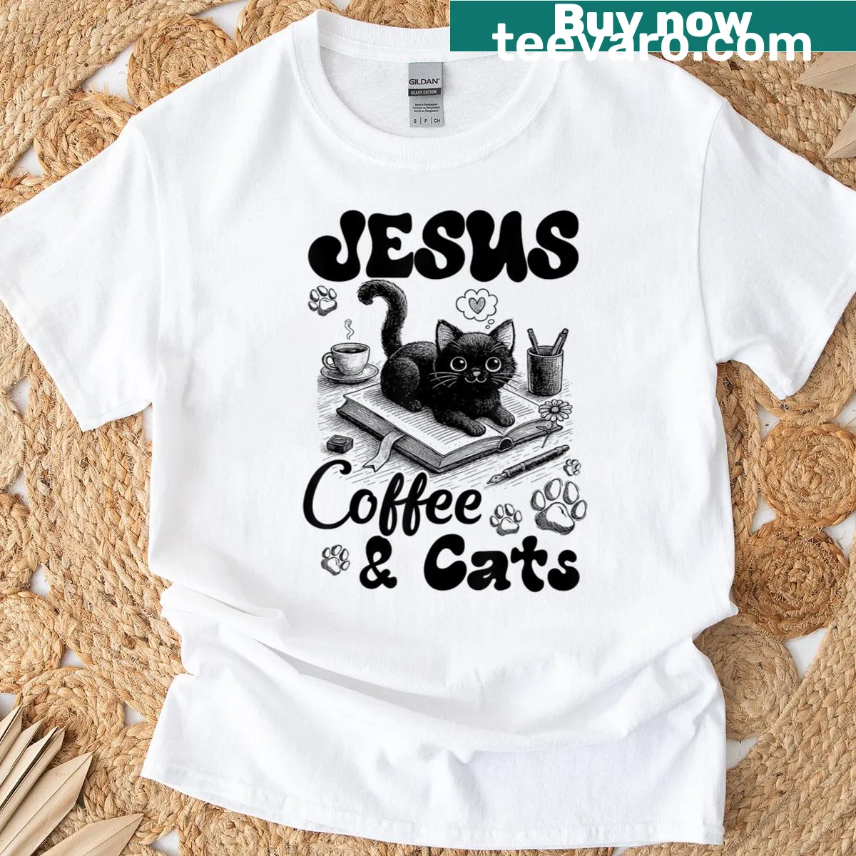 T-shirt featuring the phrases Jesus, Coffee, and Cats — on a men's t-shirt