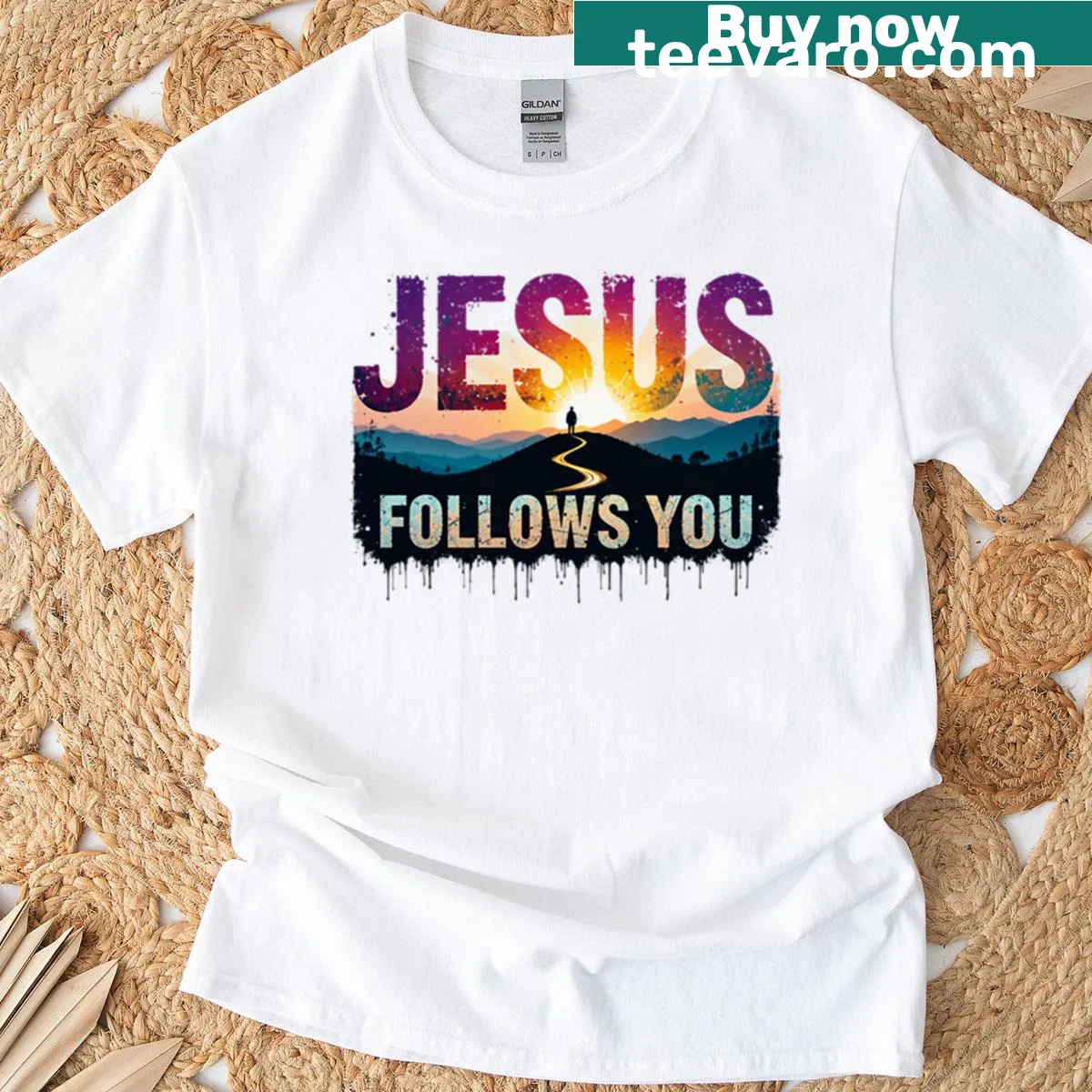 Inspirational t-shirt with the phrase 'Jesus Follows You' — on a men's t-shirt