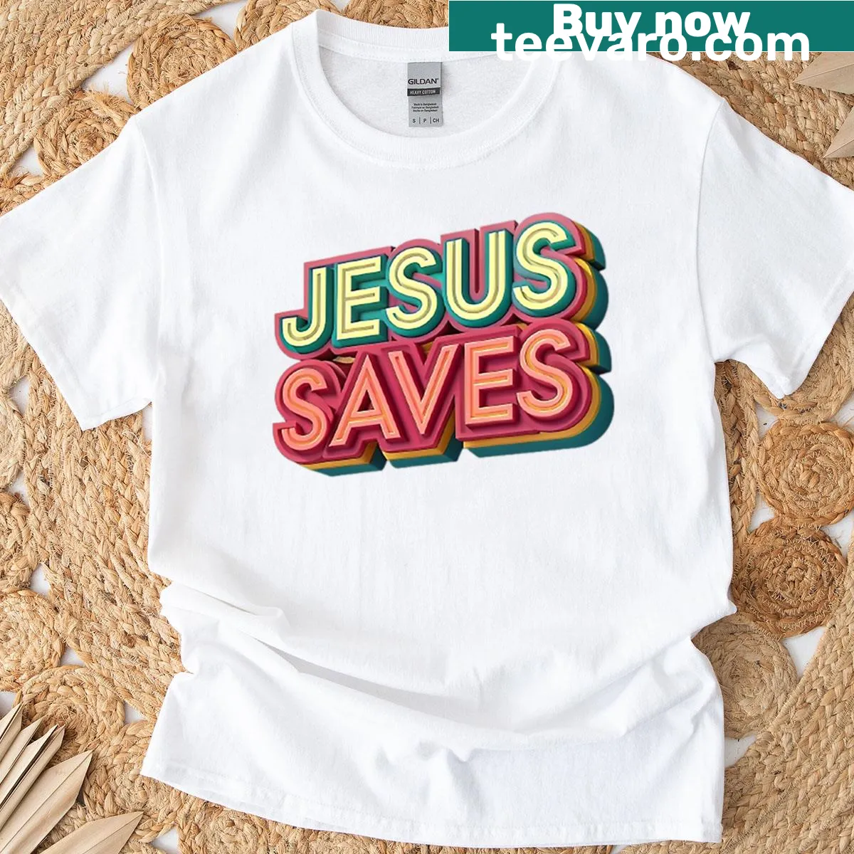 Typography T-shirt with the message 'Jesus Saves' — on a men's t-shirt