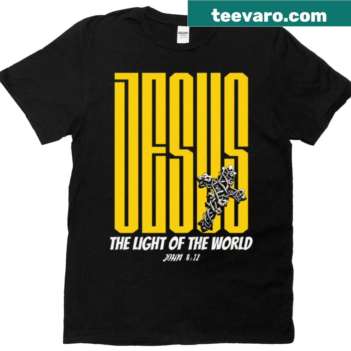 Bold Christian typography t-shirt with 'Jesus The Light Of The World' — on a men's t-shirt