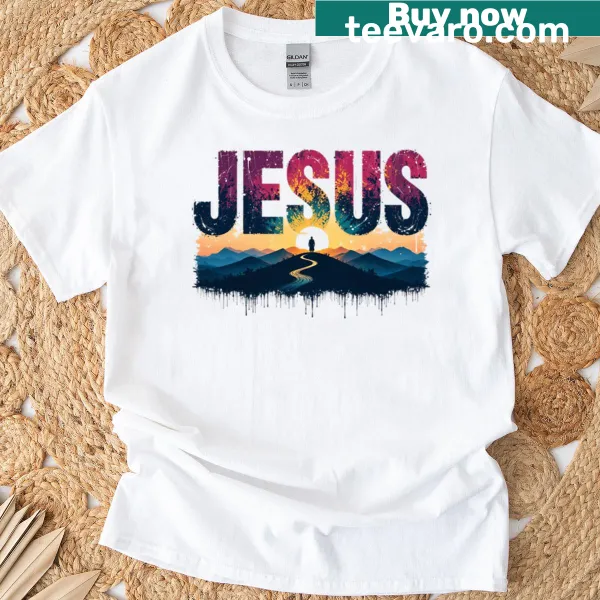 Landscape art t-shirt featuring the phrase 'Jesus The Path Within.'
