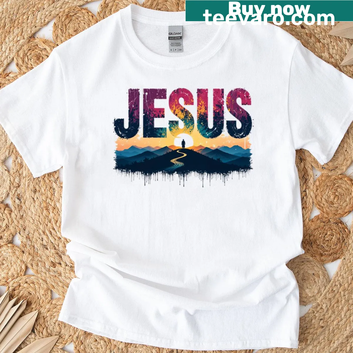 Landscape art t-shirt featuring the phrase 'Jesus The Path Within.' — on a men's t-shirt