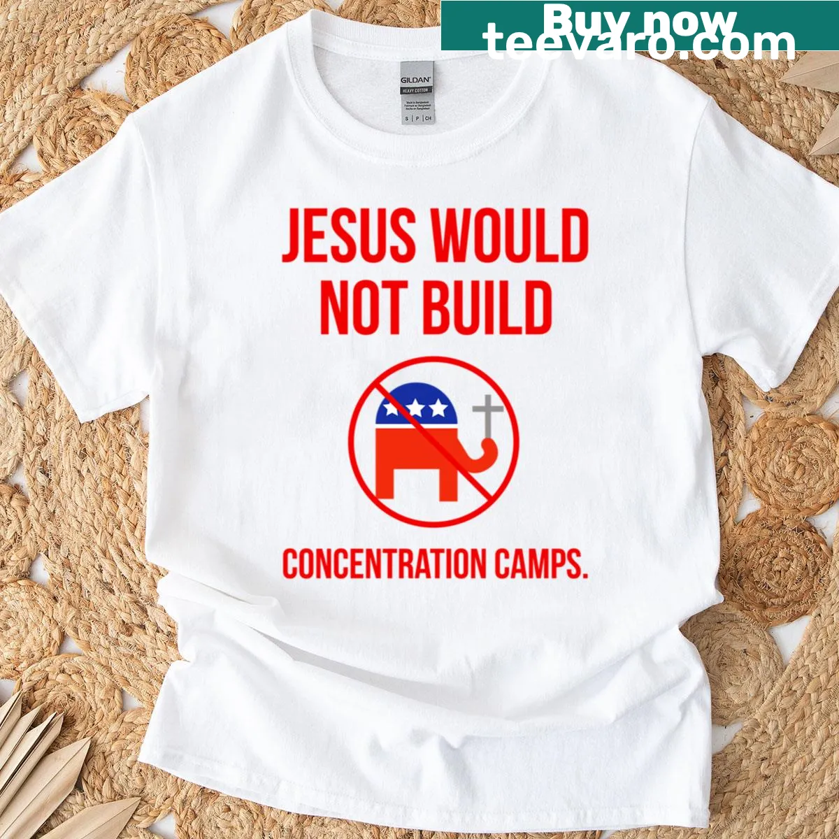 Bold typography t-shirt with the phrase about Jesus and concentration camps — on a men's t-shirt