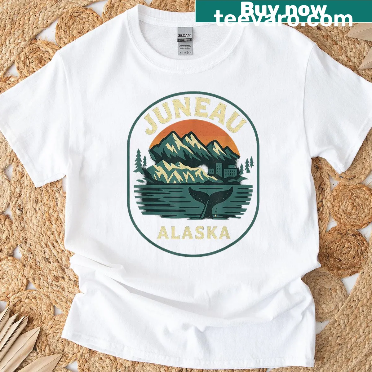 Retro t-shirt featuring a whale tail and scenic mountains of Juneau, Alaska — on a men's t-shirt