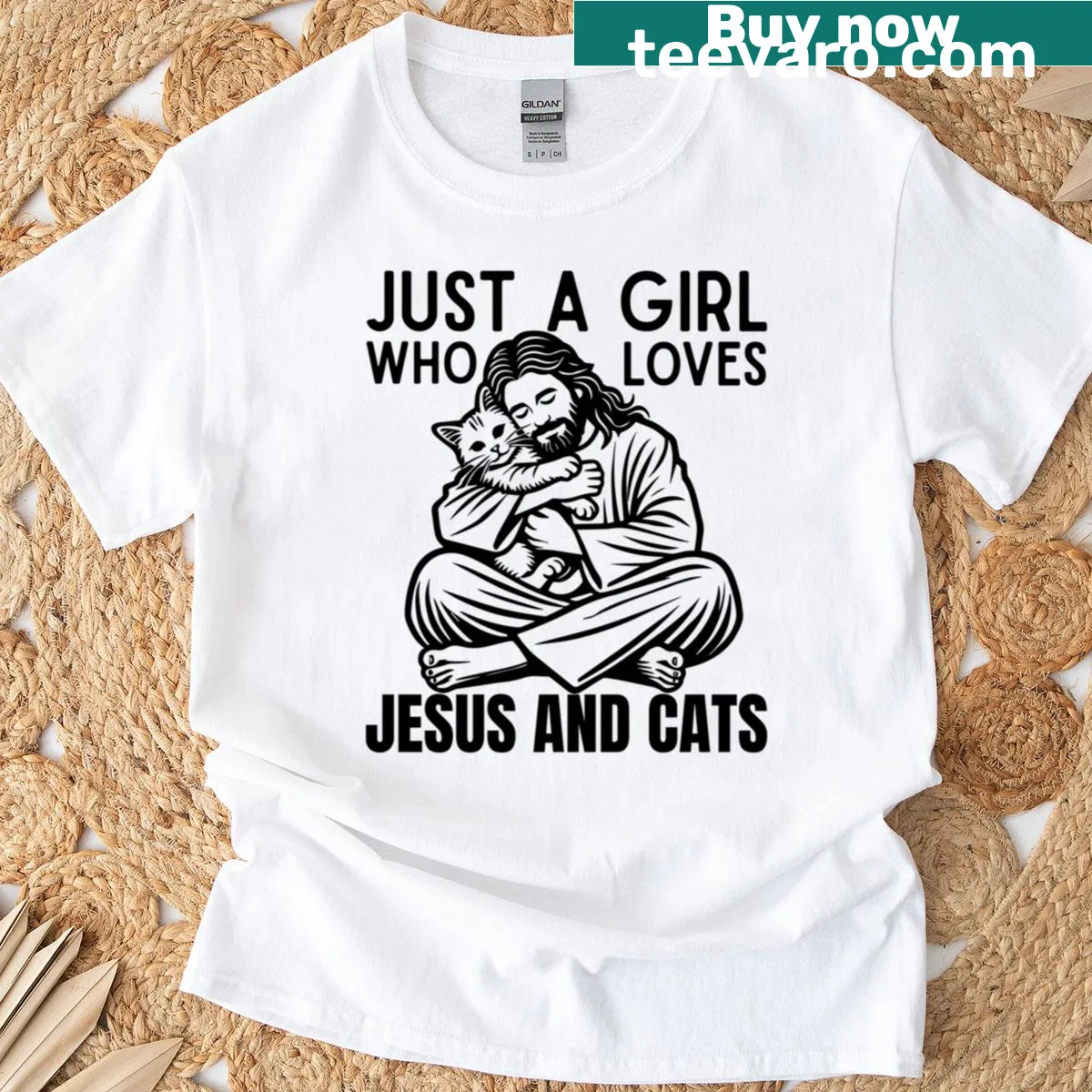 T-shirt featuring the phrase 'Just A Girl Who Loves Jesus And Cats.' — on a men's t-shirt