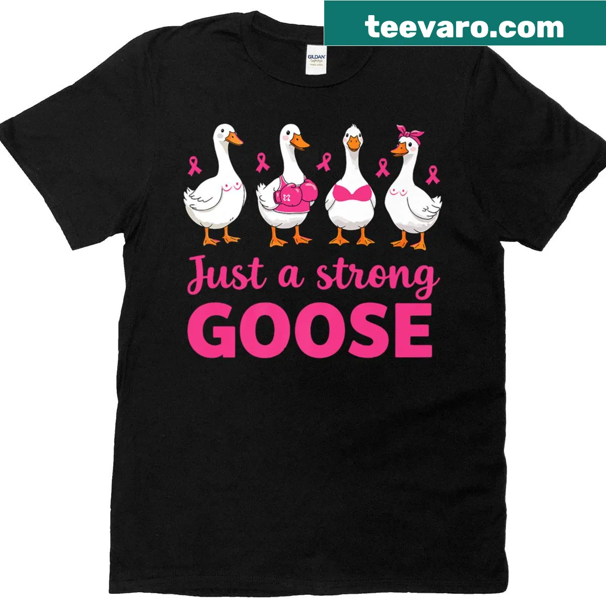 Illustrated goose with a pink ribbon for breast cancer awareness — on a men's t-shirt