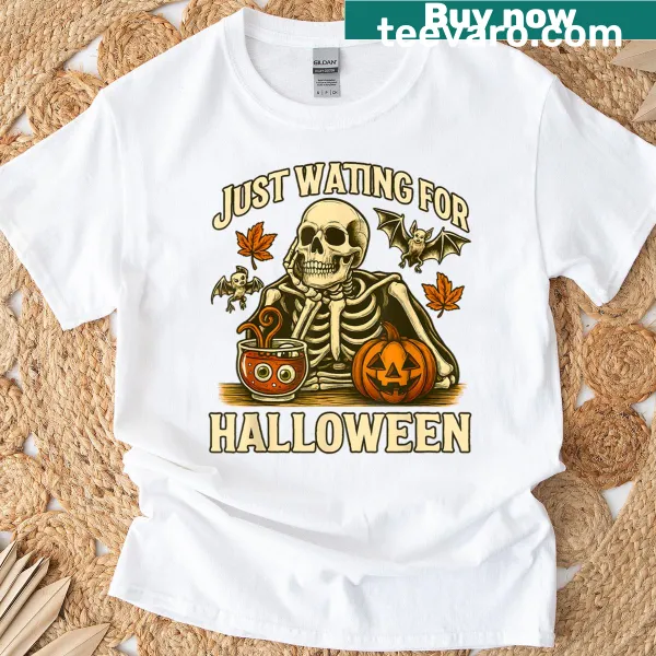 Playful Halloween t-shirt featuring a skeleton and pumpkin illustration