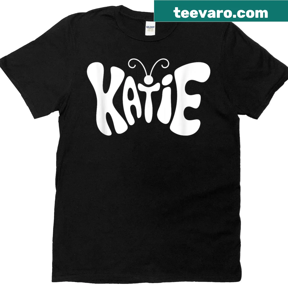 Personalized t-shirt with name 'Katie' and butterfly illustrations — on a men's t-shirt