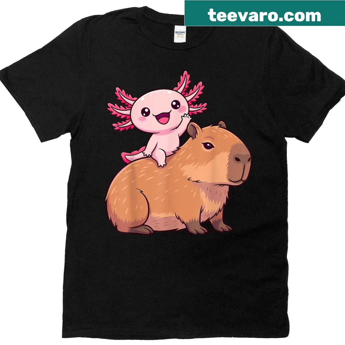 Kawaii T-shirt featuring capybara and axolotl — on a men's t-shirt