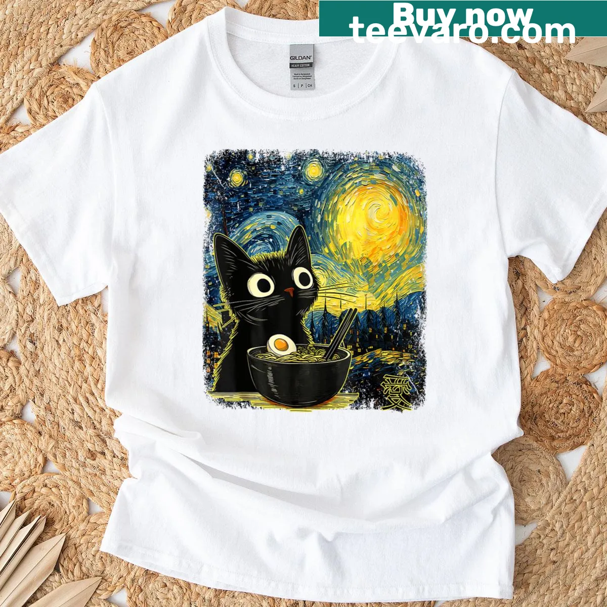 Retro t-shirt featuring a kawaii cat in ramen against Van Gogh's Starry Night — on a men's t-shirt