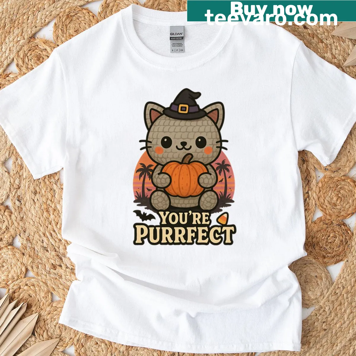 Kawaii cat witch design with pumpkin for Halloween — on a men's t-shirt