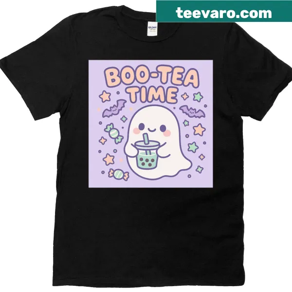 Kawaii ghost holding bubble tea on a Halloween-themed t-shirt