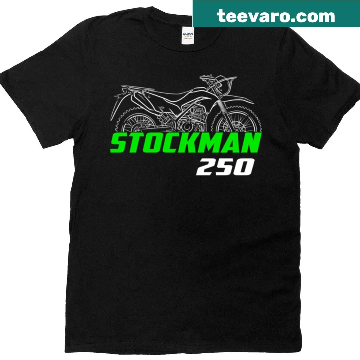 Kawasaki Stockman 250 motorcycle t-shirt with bold typography — on a men's t-shirt