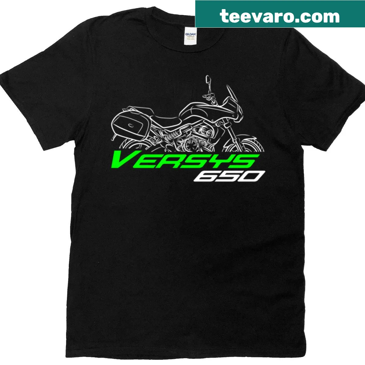 T-shirt with Kawasaki Versys 650baggs graphic — on a men's t-shirt