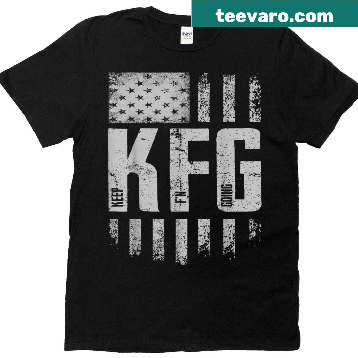 T-shirt with retro USA flag and 'KFG Keep Fn Going' text — on a men's t-shirt