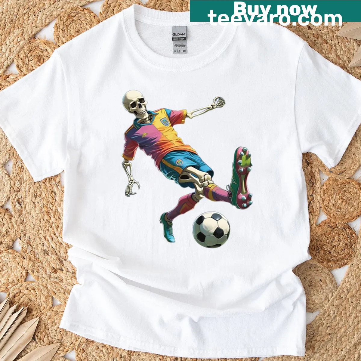 Cartoon skeleton soccer player graphic T-shirt. — on a men's t-shirt