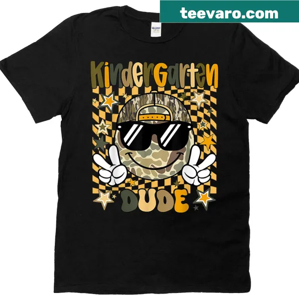 Camo design with a smiley face for kids on a T-shirt.