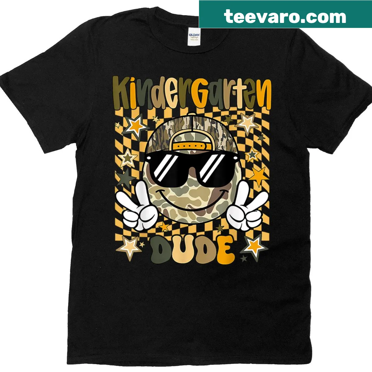 Camo design with a smiley face for kids on a T-shirt. — on a men's t-shirt