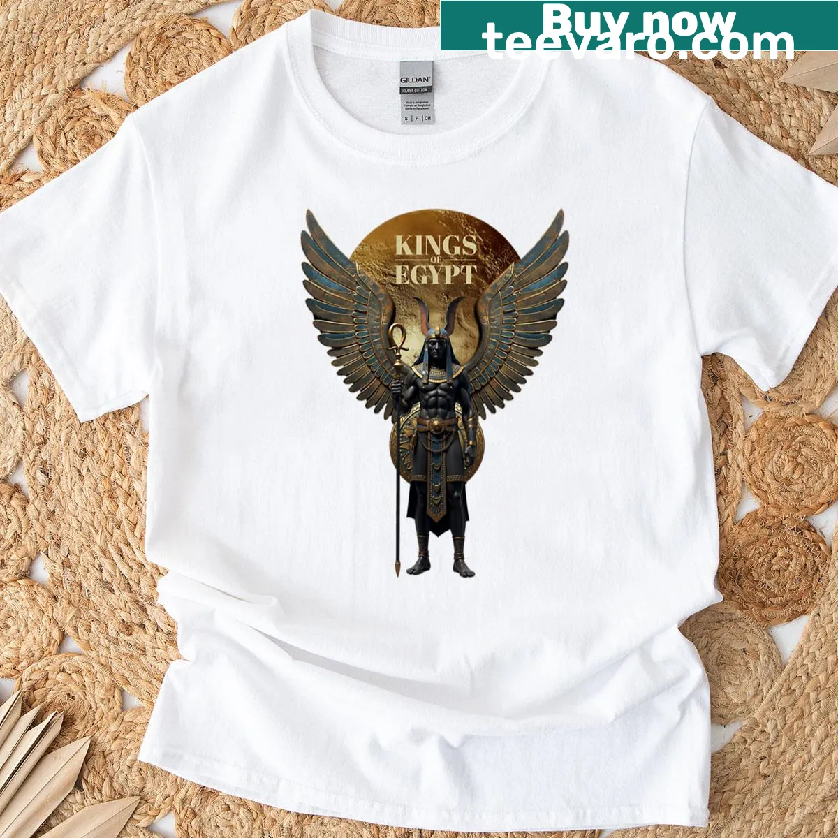 Artistic t-shirt illustrating the Kings of Egypt and divine power — on a men's t-shirt