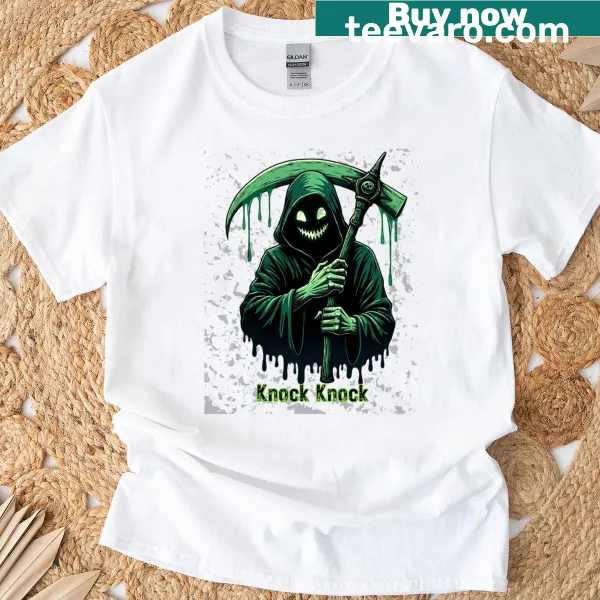 Cartoon reaper graphic with knock-knock joke on T-shirt