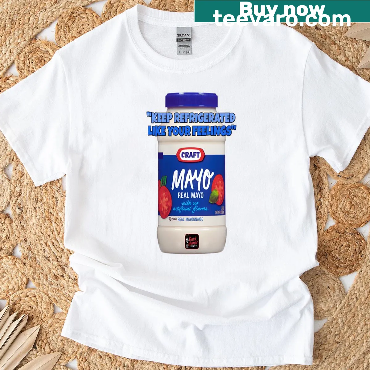 Parody design featuring Kraft Mayo and humor about feelings — on a men's t-shirt