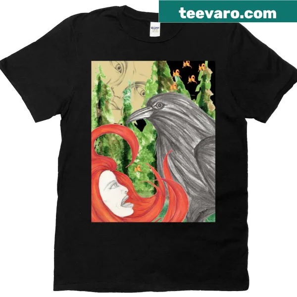 Illustrative T-shirt featuring Lady Red confronting a raven in an epic design