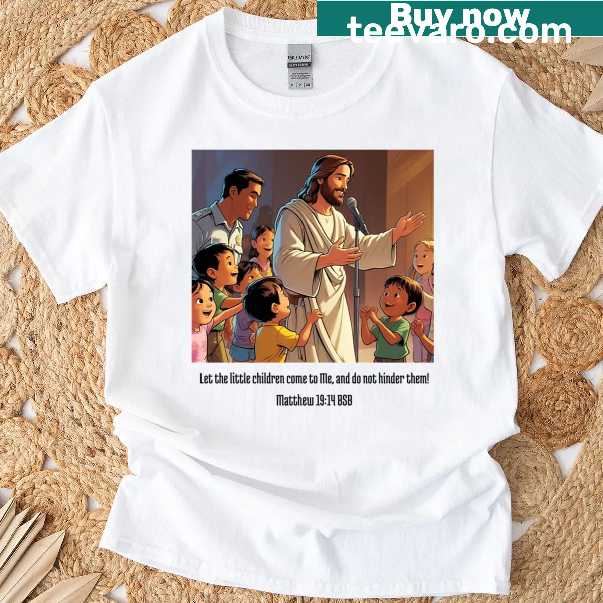 T-shirt with text 'Let The Children Come To Me' in a simple design — on a men's t-shirt