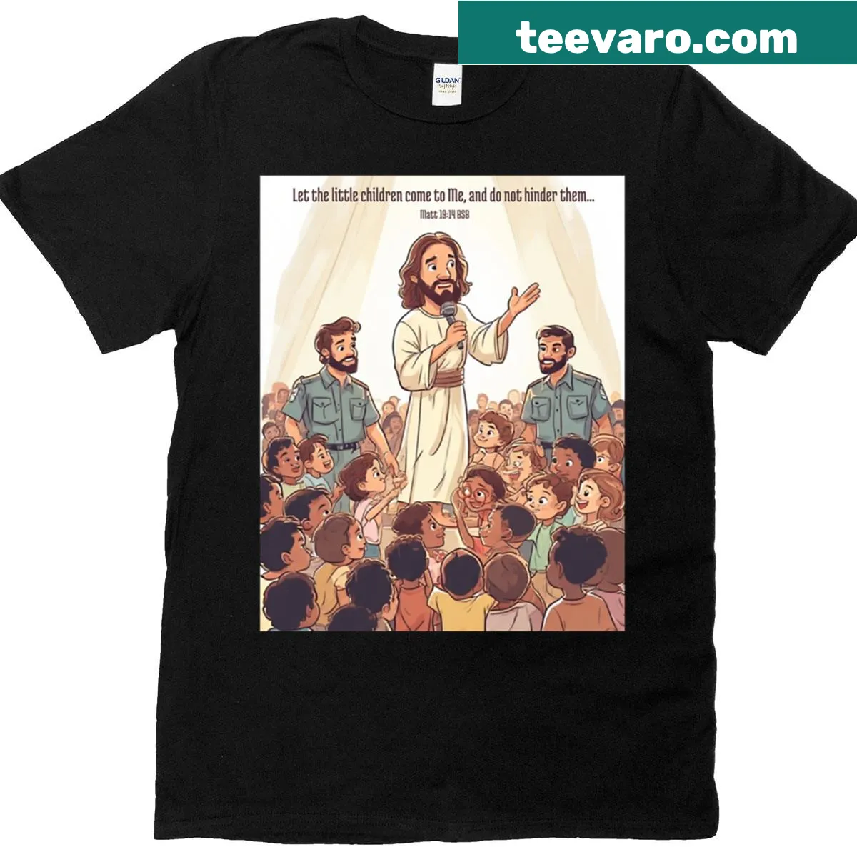 T-shirt with 'Let The Children Come To Me' text design — on a men's t-shirt