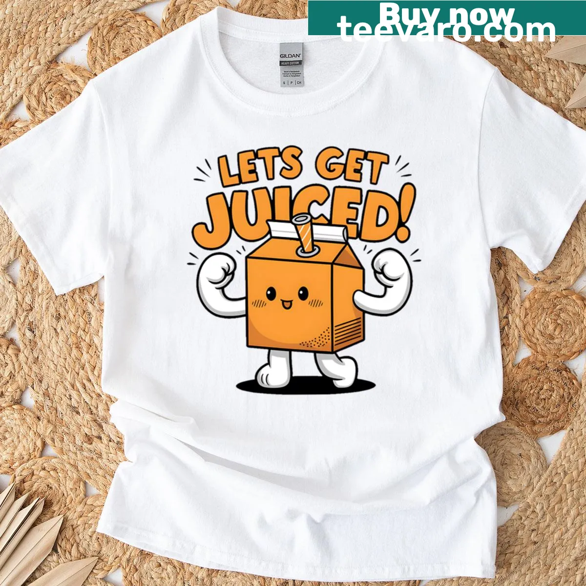 Playful t-shirt with the text 'Let's Get Juiced' and colorful illustrations — on a men's t-shirt