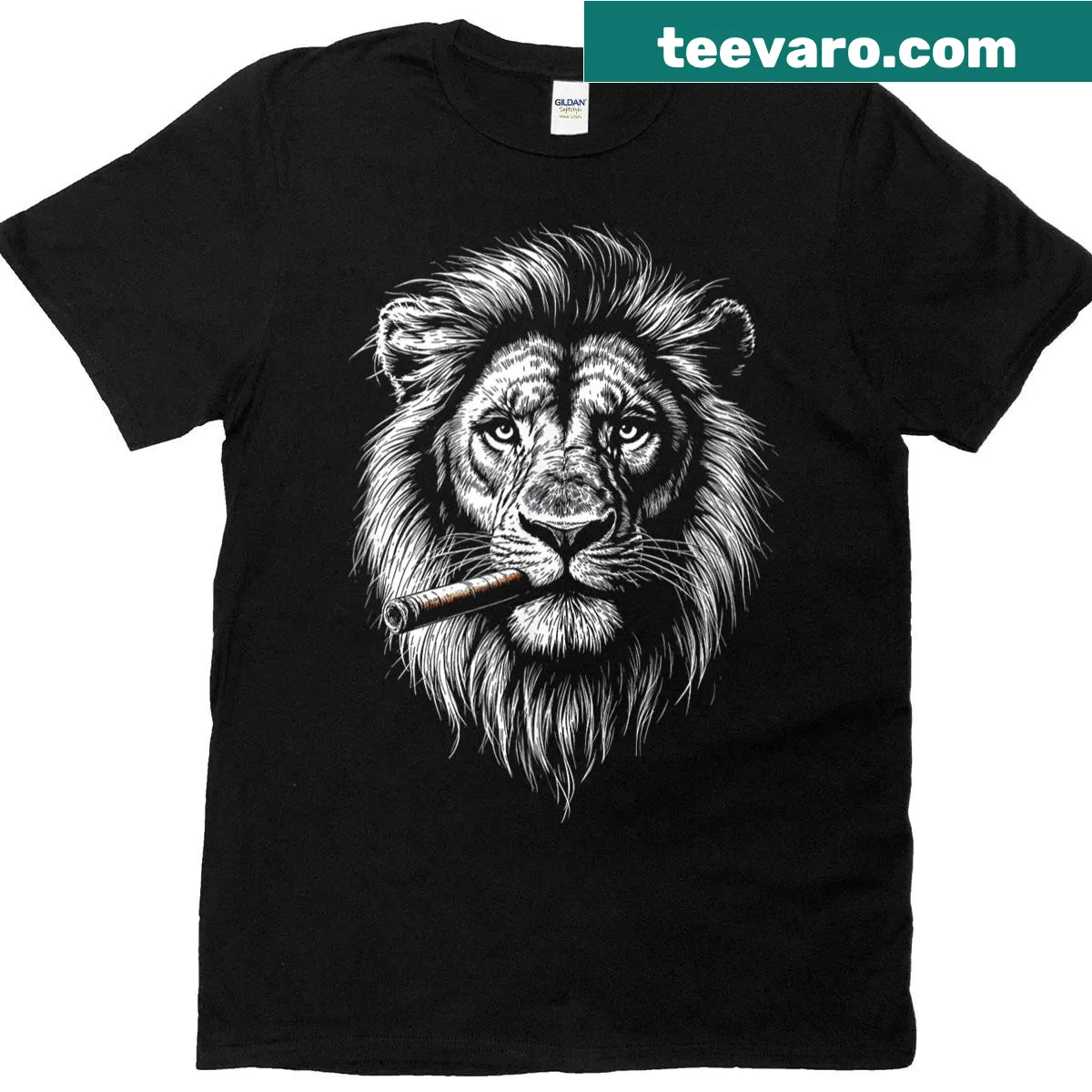 Lion illustration smoking a cigar on a humorous punk-style t-shirt — on a men's t-shirt