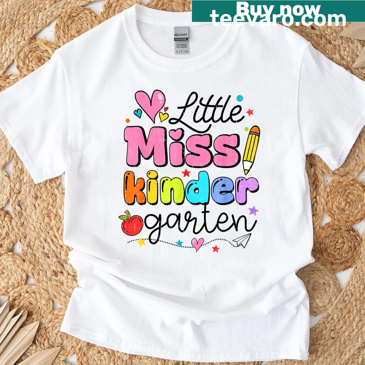 Cute T-shirt for girls featuring 'Little Miss Kindergarten' text and illustrations — on a men's t-shirt