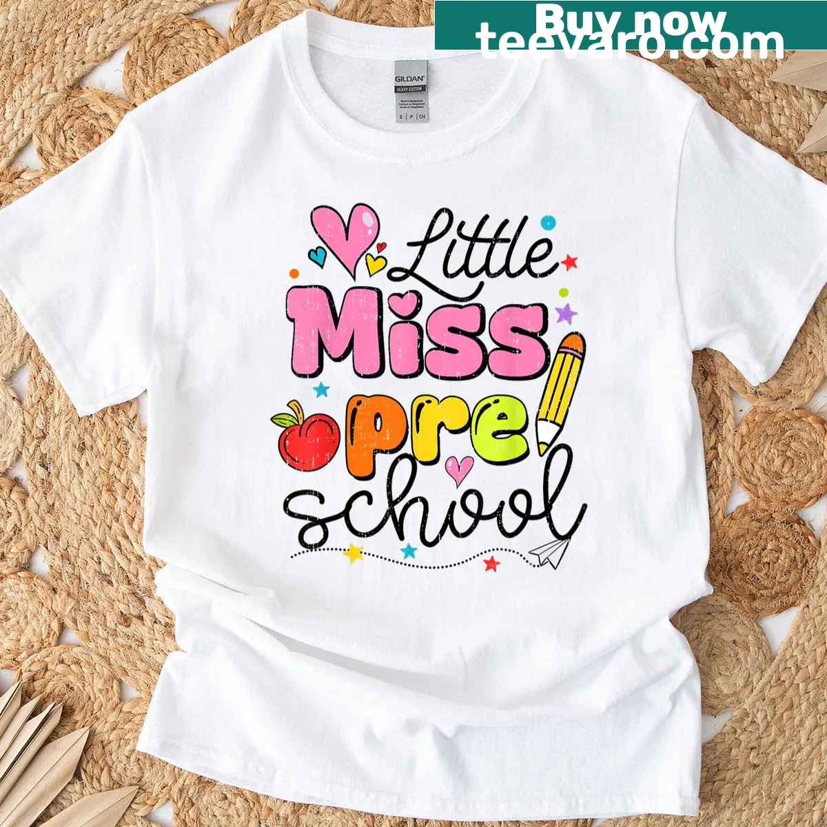 Whimsical illustration of Little Miss Preschool for girls' T-shirt — on a men's t-shirt