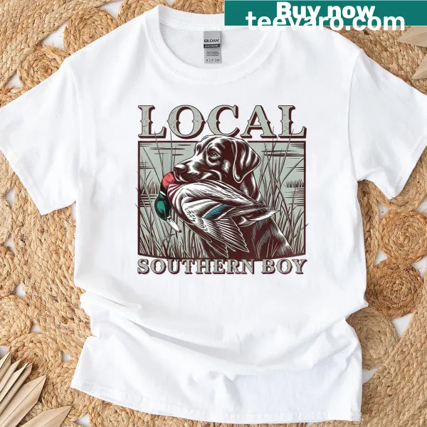 Illustration of a black lab with duck hunting theme on a t-shirt