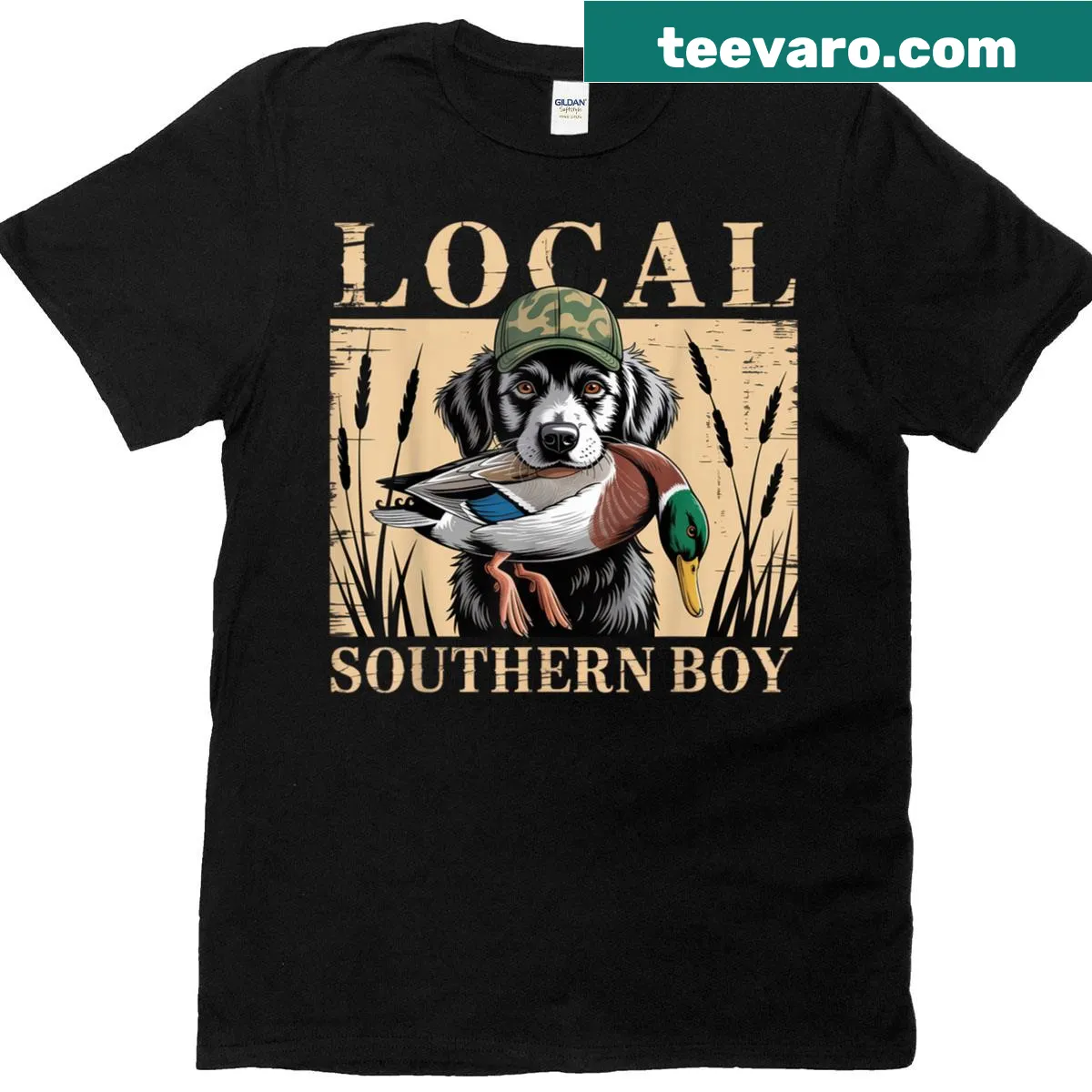 Vintage t-shirt celebrating duck hunting and black labs — on a men's t-shirt